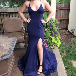Navy blue full length long prom dress